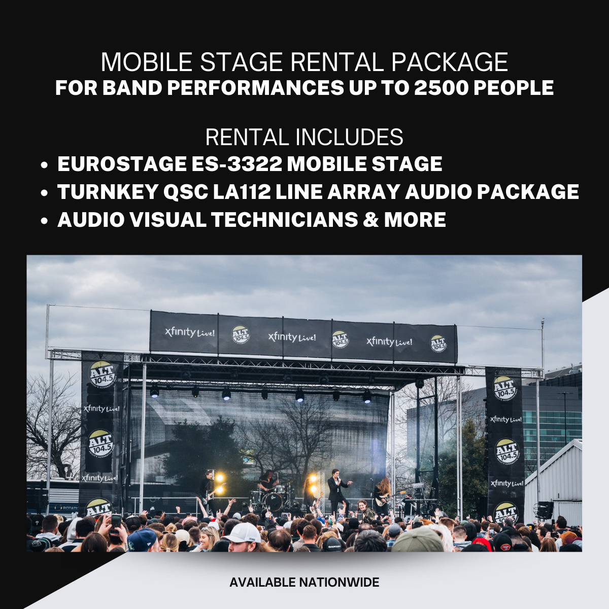 Mobile Stage Rental Including Audio for Band Performances Up to 2,500 People