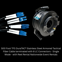 500 Foot TFS DuraTAC® Stainless Steel Armored Tactical Fiber Cable terminated with 8 LC Connectors - Single Mode - with Reel Rental